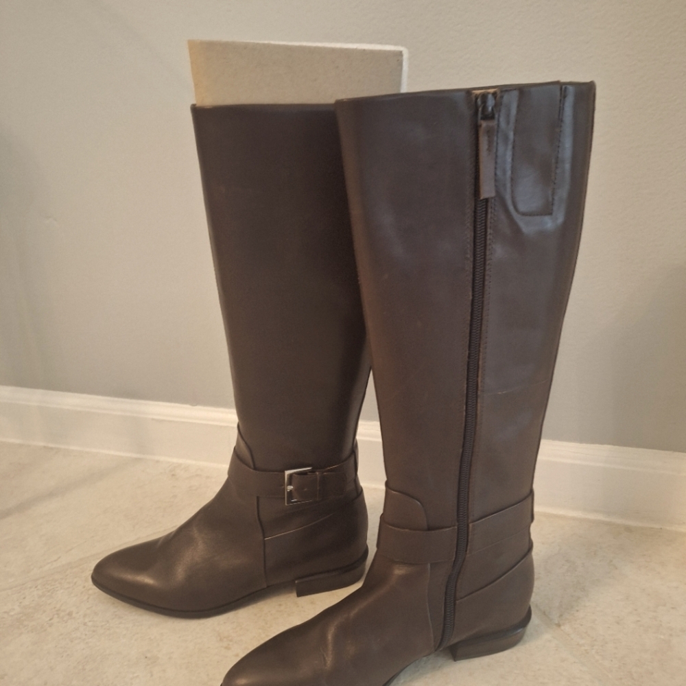 High flat boots with pointed toe.  Side zipper and buckle